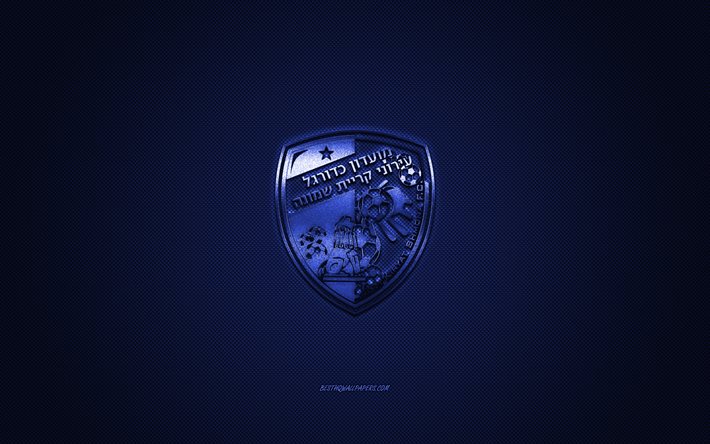 Hapoel Ironi Kiryat Shmona FC, clube de futebol israelense, logotipo azul, fundo de fibra de carbono azul, Premier League israelense, futebol, Kiryat Shmona, Israel, Hapoel Ironi Kiryat Shmona FC logotipo