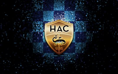 Le Havre AC, logotipo de glitter, Ligue 2, fundo azul quadrinificado, futebol, clube de futebol franc&#234;s, logotipo havre, arte de mosaico, Havre FC