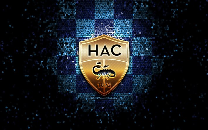 Le Havre AC, logo glitter, Ligue 2, sfondo a scacchi blu, calcio, squadra di calcio francese, logo Havre, arte mosaico, Havre FC