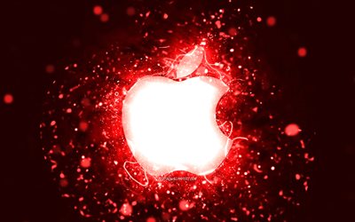 Apple red logo, 4k, red neon lights, creative, red abstract background, Apple logo, brands, Apple
