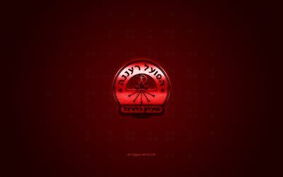 Hapoel Raanana FC, clube de futebol israelense, logotipo vermelho, fundo de fibra de carbono vermelho, Premier League israelense, futebol, Raanana, Israel, logotipo hapoel Raanana FC