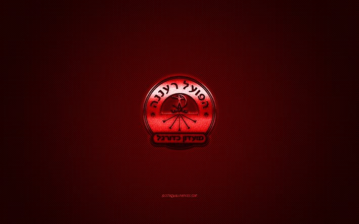 Hapoel Raanana FC, squadra di calcio israeliana, logo rosso, sfondo in fibra di carbonio rossa, Premier League israeliana, calcio, Raanana, Israele, logo Hapoel Raanana FC