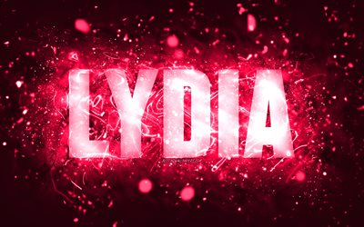 Feliz cumplea&#241;os Lydia, 4k, luces de ne&#243;n rosa, nombre lydia, creativo, Lydia Feliz Cumplea&#241;os, Lydia Cumplea&#241;os, nombres femeninos estadounidenses populares, foto con el nombre de Lydia, Lydia