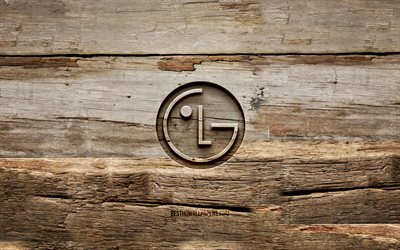Logotipo de madera LG, 4K, fondos de madera, marcas, logotipo de LG, creativo, tallado en madera, LG