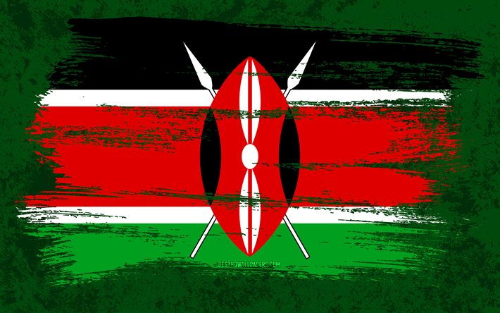 4k, Kenian lippu, grunge-liput, Afrikan maat, kansalliset symbolit, siveltimenveto, grunge-taide, Afrikka, Kenia