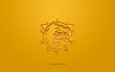 Hamilton Bulldogs, logotipo criativo 3D, fundo amarelo, OHL, emblema 3d, Canadian Hockey Team, Ont&#225;rio Hockey League, Hamilton, Canad&#225;, arte 3d, h&#243;quei, hamilton bulldogs 3d logotipo
