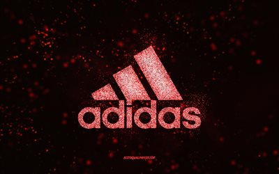 Logotipo de glitter adidas, fundo preto, logotipo da Adidas, arte de glitter vermelho, Adidas, arte criativa, logotipo de glitter vermelho Adidas
