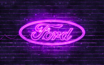 フォードバイオレットロゴ, 4k, 紫のレンガの壁, フォードのロゴ, 車のブランド, フォードネオンロゴ, フォード