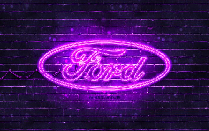 Ford violett logotyp, 4k, violett tegelv&#228;gg, Ford logotyp, bilar m&#228;rken, Ford neon logotyp, Ford