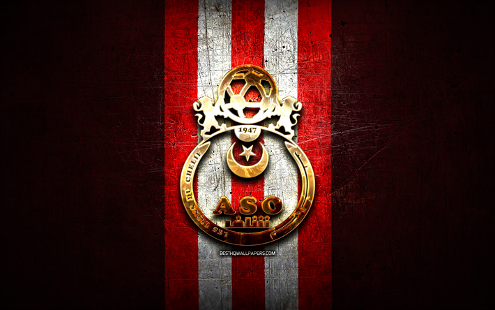 ASO Chlef, golden logo, Algerian Ligue Professionnelle 1, red metal background, football, Algerian football club, ASO Chlef logo, soccer, ASO Chlef FC