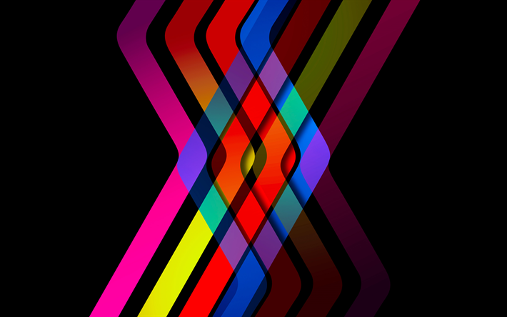 colorful lines, 4k, material design, abstract art, black backgrounds, geometric art, creative, artwork, colorful stripes