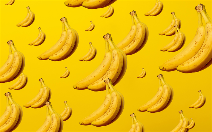 bananas patterns, 4k, fruits patterns, ripe bananas, background with bananas, bunch of bananas, fruits, tropical fruits, bananas