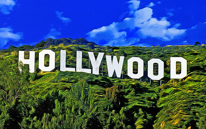 segno di hollywood, 4k, astratto citiscapes, vettoriale, arte, american punti di riferimento, creativo, american attrazioni turistiche di hollywood, segno, disegno, los angeles, california, usa, america