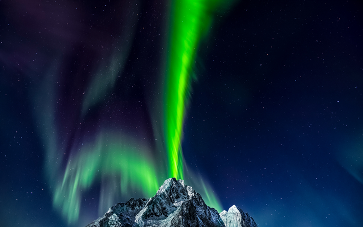 Lofoten Islands, northern lights, night, mountain landscape, snow, starry sky, Norway