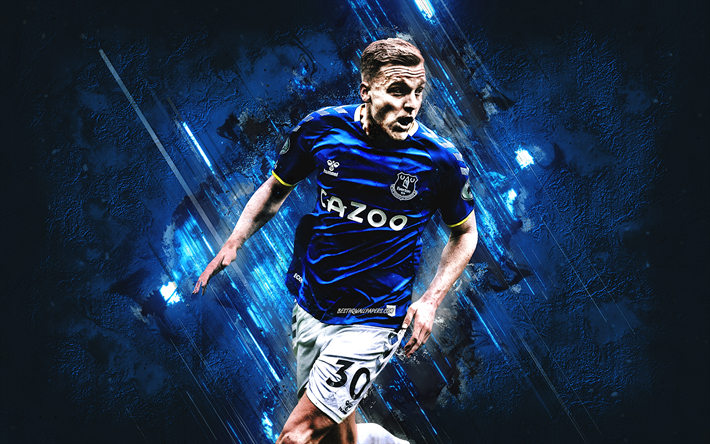 donny van de beek, l everton fc, olandese, giocatore di football, il centrocampista, pietra blu di sfondo, la premier league, inghilterra, calcio