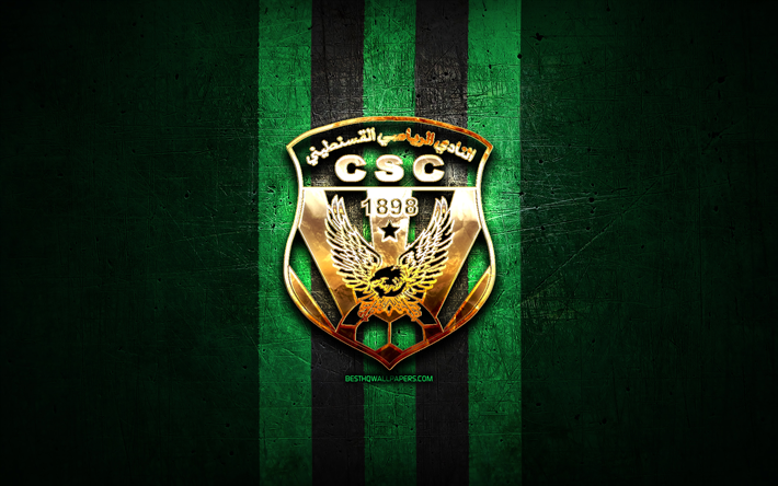cs constantine, kultainen logo, algerian ligue professionnelle 1, vihre&#228; metalli tausta, jalkapallo, algerian jalkapallo klubi, cs constantine logo, cs constantine fc