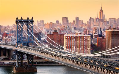 puente de brooklyn, 4k, puesta de sol, la ciudad de nueva york, manhattan, las ciudades de am&#233;rica, de los rascacielos, nueva york, horizonte, paisaje urbano de nueva york, estados unidos