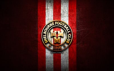 shelbourne fc, golden logotyp, league irland-premier division, red metal bakgrund, fotboll, irish football club, shelbourne fc logotyp
