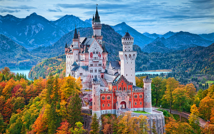 Neuschwanstein Castle, autumn, beautiful castle, Bavarian Alps, german landmarks, mountain landscape, Schwangau, HDR, Bavaria, Germany, Europe
