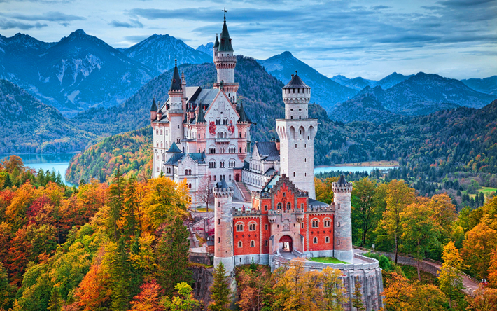 neuschwanstein kalesi, sonbahar, g&#252;zel kale, bavyera alpleri, alman simge yapıları, dağ manzarası, schwangau, hdr, bavyera, almanya, avrupa