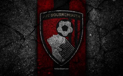 Bournemouth FC, 4k, logo, Premier League, grunge, Englanti, asfaltti rakenne, Bournemouth, musta kivi, jalkapallo, FC Bournemouth