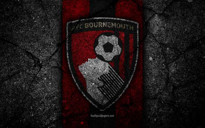 Bournemouth FC, 4k, logo, Premier League, grunge, England, asphalt texture, Bournemouth, black stone, soccer, football, FC Bournemouth
