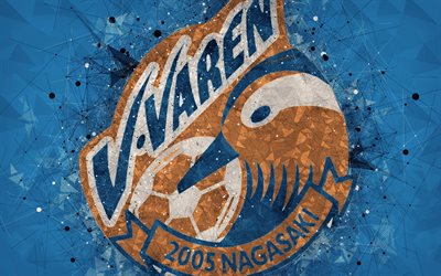 V-Varen Nagasaki, 4k, Japanese football club, creative geometric art, logo, mosaic, blue asbstract background, J-League, Nagasaki, Japan, J1 League, football
