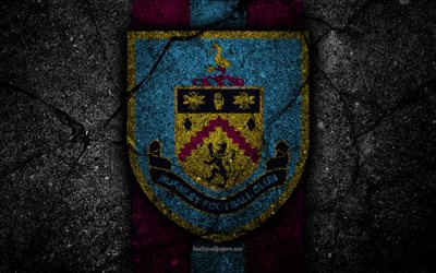 Burnley FC, 4k, logo, Premier League, grunge, l&#39;Angleterre, l&#39;asphalte, la texture, Burnley, pierre noire, le soccer, le football, le FC Burnley