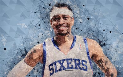 Allen Iverson, 4K, American basketball player, NBA, face, creative geometric portrait, art, Philadelphia 76ers, basketball star, USA