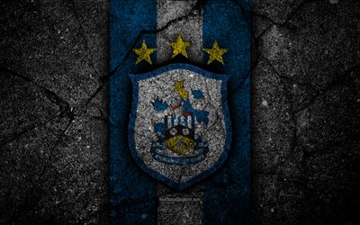 Huddersfield FC, 4k, logo, Premier League, grunge, Englanti, asfaltti rakenne, Huddersfield, musta kivi, jalkapallo, FC Huddersfield