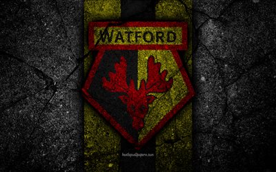 Watford FC, 4k, logo, Premier League, grunge, Englanti, asfaltti rakenne, Watford, musta kivi, jalkapallo