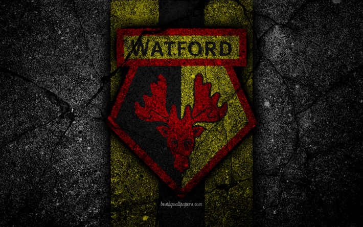 Watford FC, 4k, logo, Premier League, grunge, Inghilterra, asfalto texture, Watford, pietra nera, calcio, FC Watford