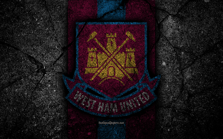West Ham United FC, 4k, logo, Premier League, grunge, l&#39;Angleterre, l&#39;asphalte, la texture, le West Ham United, pierre noire, le soccer, le football, le FC West Ham United