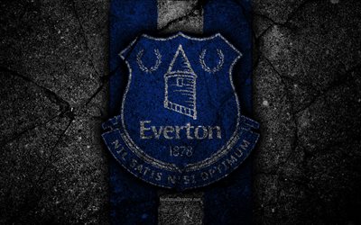 Everton FC, 4k, logo, Premier League, grunge, l&#39;Angleterre, l&#39;asphalte, la texture, Everton, pierre noire, le soccer, le football, le FC Everton