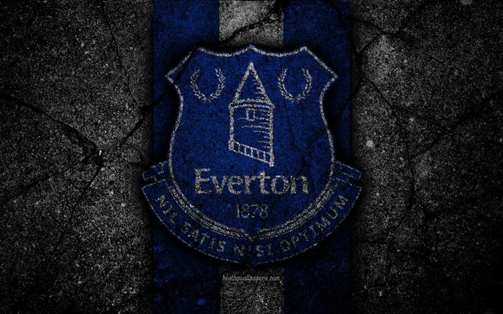 Everton FC, 4k, logo, Premier League, grunge, England, asphalt texture, Everton, black stone, soccer, football, FC Everton