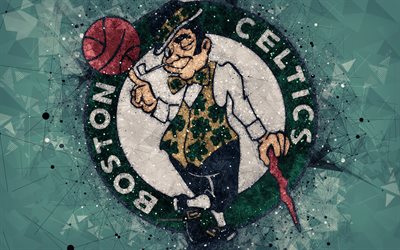 Boston Celtics, 4K, luova logo, American Basketball Club, tunnus, geometrinen taide, NBA, vihre&#228; abstrakti tausta, Boston, Massachusetts, USA, koripallo, National Basketball Association