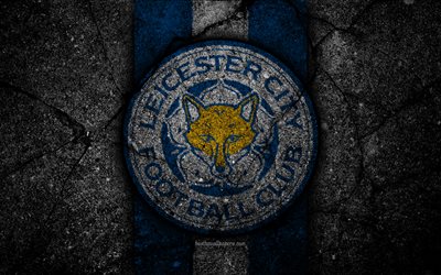 Leicester FC, 4k, logo, Premier League, grunge, Englanti, asfaltti rakenne, Leicester, musta kivi, jalkapallo, FC-Leicester