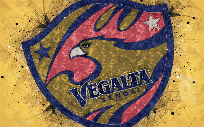 Vegalta Sendai FC, 4k, Japanese football club, creative geometric art, logo, mosaic, yellow abstract background, J-League, Sendai, Miyagi, Japan, J1 League, football