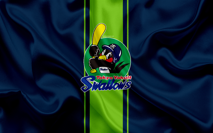 Tokyo Yakult Swallows, 4k, Japanese baseball team, logo, silk texture, NPB, blue green flag, Tokyo, Japan, baseball, Nippon Professional Baseball