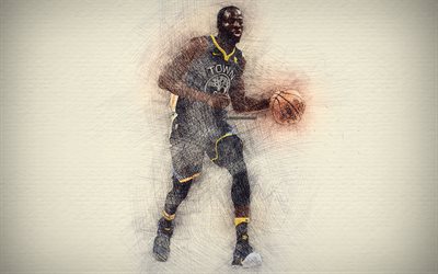 Draymond Green, 4k, des illustrations, des stars de basket-ball, Golden State Warriors NBA, basket-ball, dessin Draymond Green