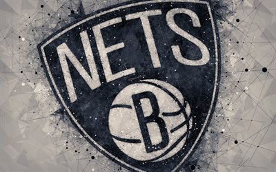Brooklyn Nets, 4K, creative logo, American basketball club, emblem, geometric art, NBA, gray abstract background, Brooklyn, New York, USA, basketball, National Basketball Association