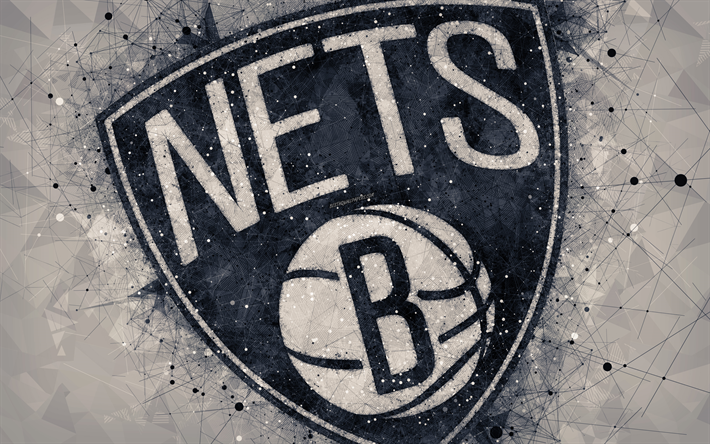 Brooklyn Nets, 4K, kreativa logotyp, Amerikansk basket club, emblem, geometriska art, NBA, gr&#229; abstrakt bakgrund, Brooklyn, New York, USA, basket, National Basketball Association