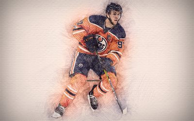 Connor McDavid, 4k, artwork, hockey stars, Edmonton Oilers, NHL, hockey, drawing Connor McDavid