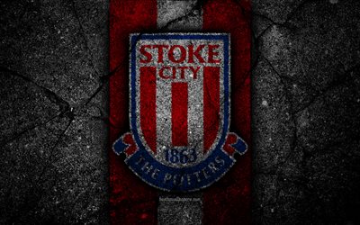 Stoke City FC, 4k, logo, Premier League, grunge, Inghilterra, asfalto texture, Stoke City, pietra nera, calcio