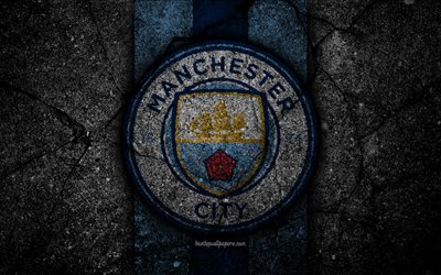 El Manchester City FC, 4k, logotipo, de la Liga Premier, el grunge, Inglaterra, el Hombre de la Ciudad, el asfalto de la textura, el Manchester City, piedra negra, de f&#250;tbol, el FC Manchester City