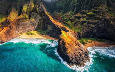 Hawaii, USA, rocks, ocean, mountains, coast, beach, America