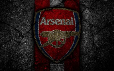Arsenal FC, 4k, logo, Premier League, grunge, England, asphalt texture, Arsenal, black stone, soccer, football, FC Arsenal