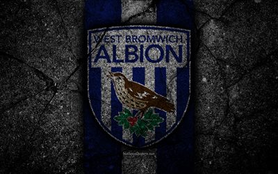 West Bromwich Albion FC, 4k, logo, Premier League, grunge, England, asphalt texture, West Bromwich Albion, black stone, soccer, football, FC West Bromwich Albion