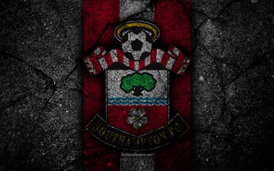 Southampton FC, 4k, logo, Premier League, grunge, England, asphalt texture, Southampton, black stone, soccer, football, FC Southampton