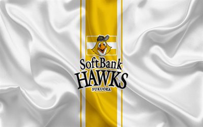 Fukuoka SoftBank Hawks, 4K, Japanese baseball team, logo, silk texture, NPB, white flag, Fukuoka, Japan, baseball, Nippon Professional Baseball